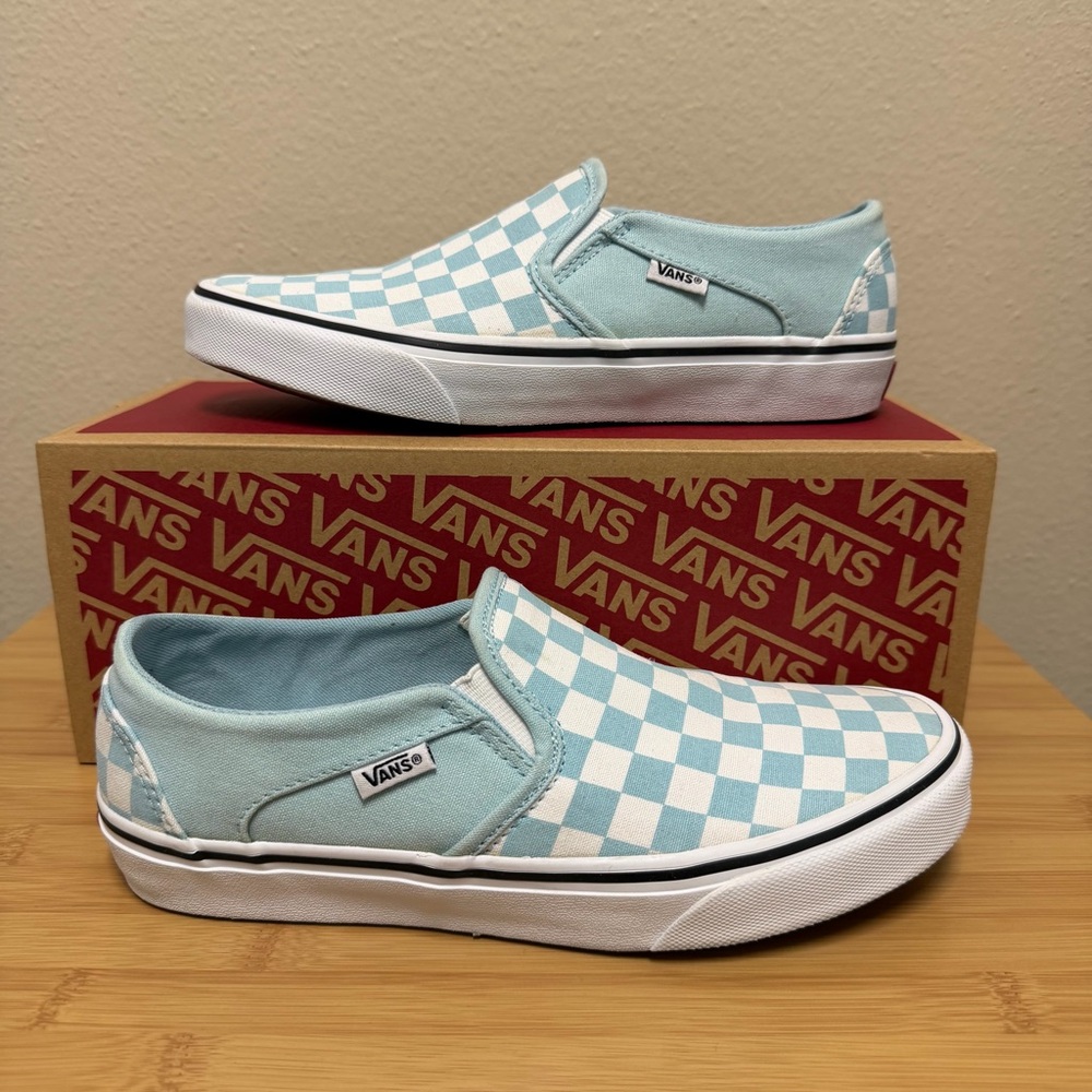 Vans “Asher” Aqua Blue and White Checkered Slip-Ons - 8 Women’s